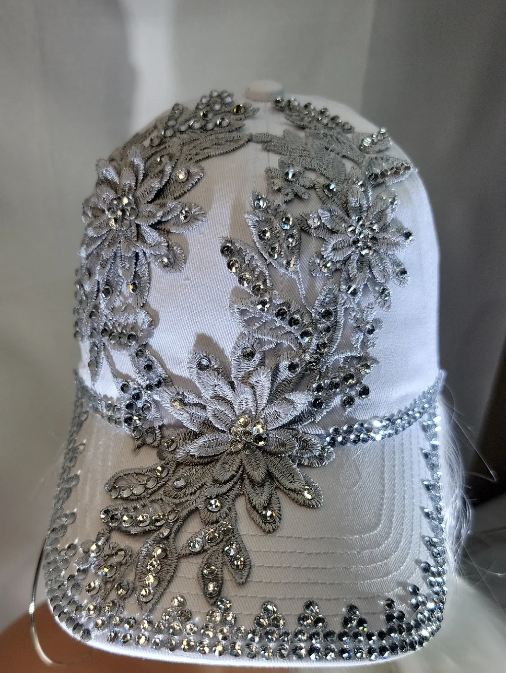 Embellished White Floral Rhinestone Baseball Cap - Picture 1 of 11